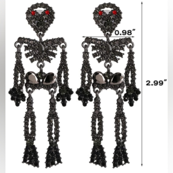 Skeleton Black Rhinestone Earrings Large Silver Skull CZ Dangle Skeletons New - Picture 3 of 4